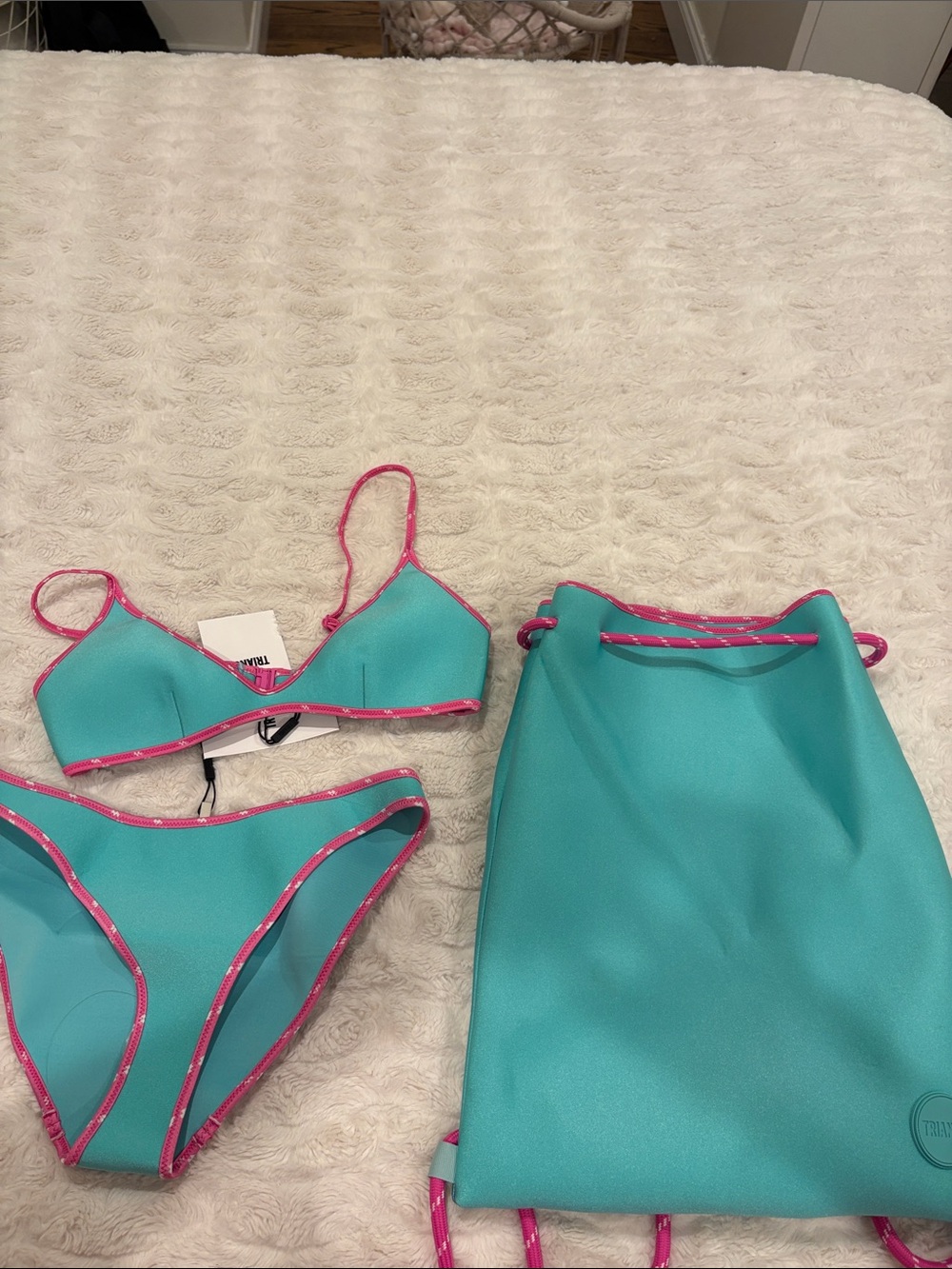 triangl swimwear Turquoise Bikini with Pink Trim and Matching Drawstring Bag